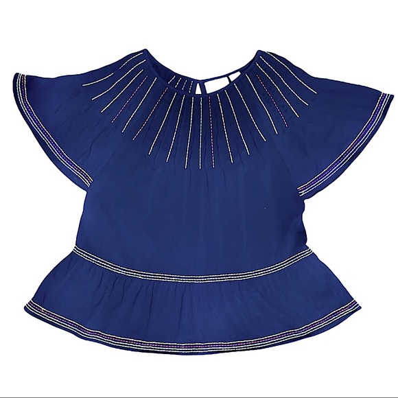 Maeve Anthropologie Chamonix Rainbow Embroidered Swing Top Size Extra Small Blue - Picture 12 of 16